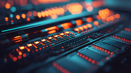 A close-up view of a futuristic control panel with glowing buttons and circuitry, evoking a high-tech, digital atmosphere.
