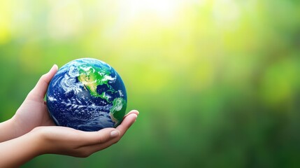 A person holds a small globe, symbolizing care for the planet, set against a soft, green background that evokes a sense of nature and sustainability.