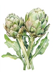 Obraz premium Watercolor painting featuring two artichokes on white background