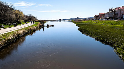 Fototapeta premium A serene river flows beside a walkway under a blue sky
