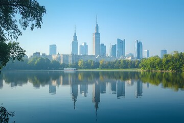Fototapeta premium City skyline reflects in tranquil water at dawn highlighting modern architecture and lush greenery