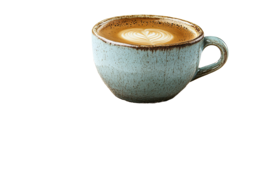 Delicious latte in a handcrafted cup with latte art design