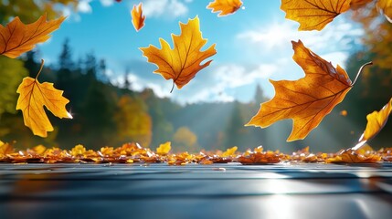 Golden autumn leaves falling towards a wooden surface outdoors