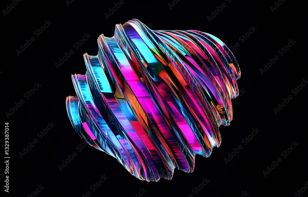 Poster abstract 3d render of a colorful swirling metallic object on black background