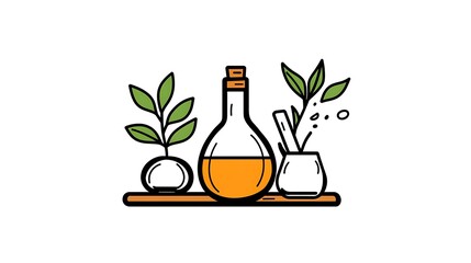 Hand-Drawn Illustration: Aromatic Oils and Plants on a Wooden Shelf AI Generated