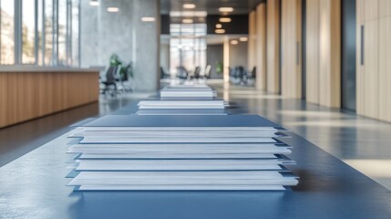 Office hallway, documents stack, modern workspace, sunlight
