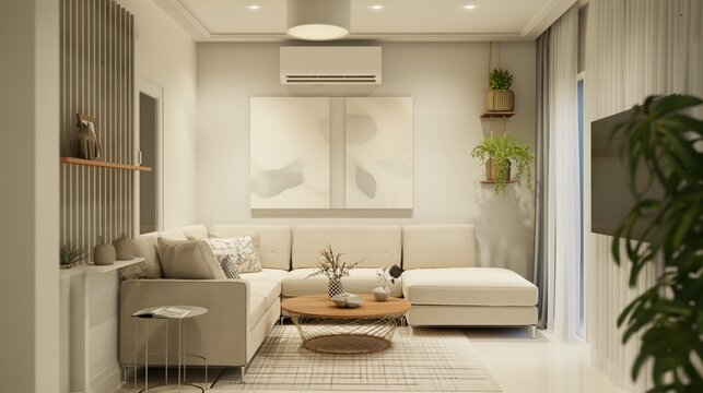 La sala de estar tiene un peque&ntilde;o lienzo modelo blanco colgado en la pared.