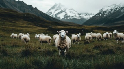 Fototapeta premium A group of male sheep in the field with the mountains in the background Sheep featuring both black and white coats 