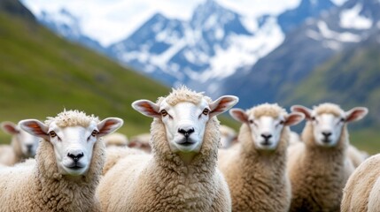 Obraz premium A group of male sheep in the field with the mountains in the background Sheep featuring both black and white coats 