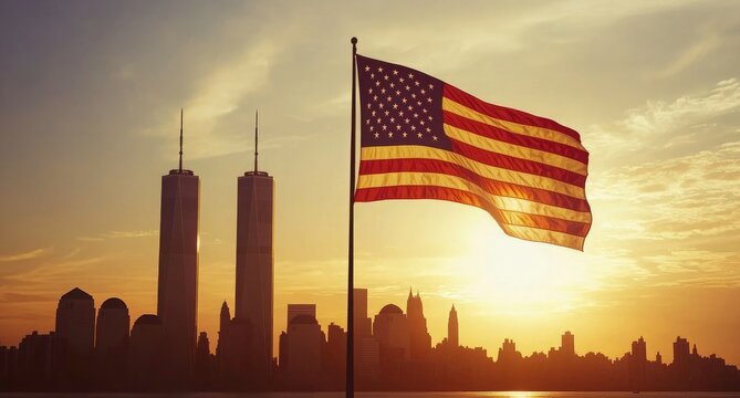 American Flag Waving Over NYC Skyline at Sunrise, Remembering 9/11