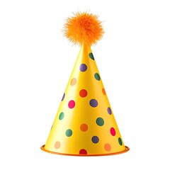 Festive Yellow Party Hat with Colorful Polka Dots and Orange Pom-Pom