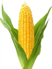 Fresh corn cob emerging from green leaves on white background