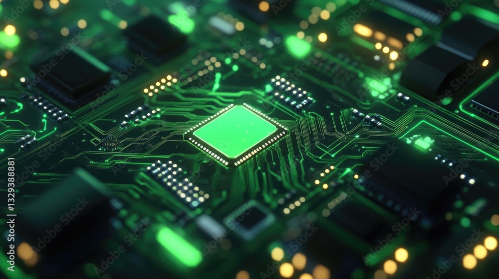 Poster closeup of a green illuminated circuit board with central processing unit