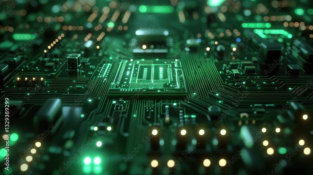 Poster closeup view of a futuristic green circuit board with illuminated pathways and integrated microchip