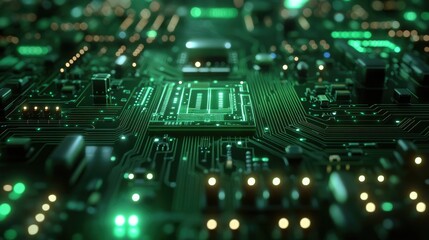 Closeup View of a Futuristic Green Circuit Board with Illuminated Pathways and Integrated Microchip