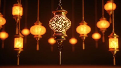 Intricate Hanging Lanterns: Warm Orange Glow and Lattice Design Artistry