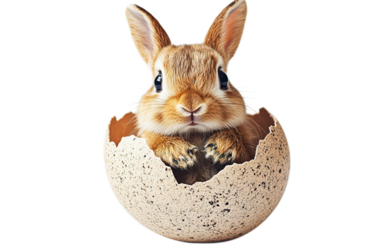 Cute rabbit emerging from broken eggshell in spring