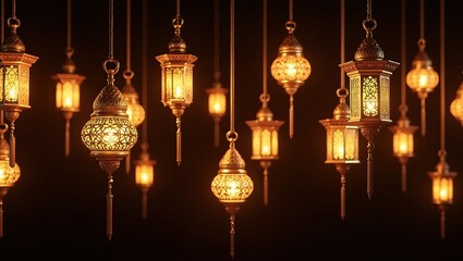 Elegant Hanging Lanterns with Intricate Patterns and Warm Golden Glow