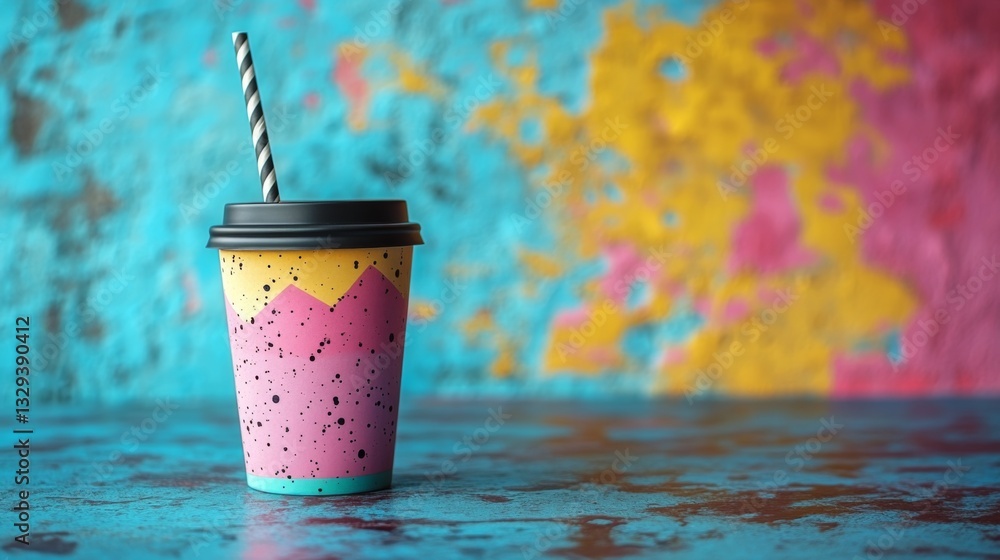 Poster a decorative paper cup featuring a geometric design in pink, yellow, and blue sits on a textured sur