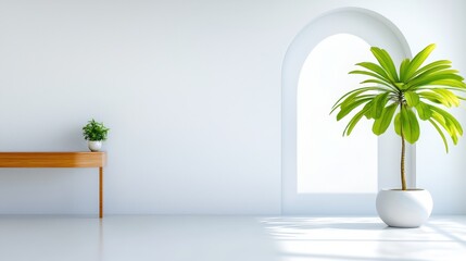 Clean bright interior featuring plants table and arched window