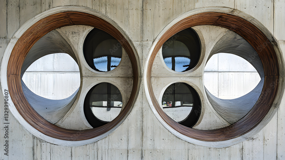 Poster two circular mirrors on a wall creating a symmetrical and balanced visual harmony in earthy tones wi