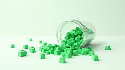 Green Candy-Like Objects Spilling Elegantly on Light Background
