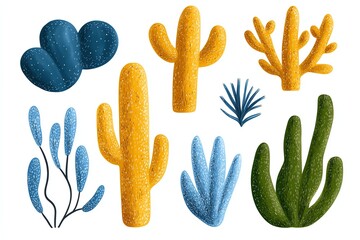 Illustrative Desert Plants and Cactus Grouping on White Background Graphic