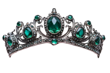 Silver tiara with emeralds and intricate design