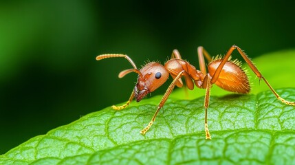 Reddish Brown Ant on Green Leaf Macro Photography