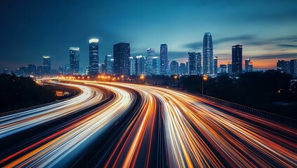 Fototapeta premium Stunning Night Cityscape Highway Lights Trails and Modern Skyline