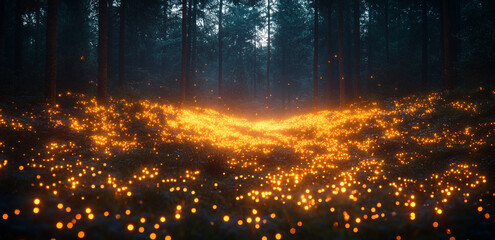 fireflies dance in the dark forest, creating an enchanting and magical atmosphere