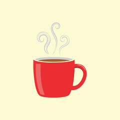 Red mug filled with hot beverage, steam rising