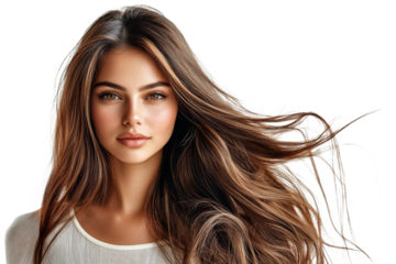 Young woman with flowing hair and serene expression