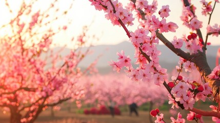 Obraz premium Beautiful Cherry Blossom Branch with Pink Petals in Spring