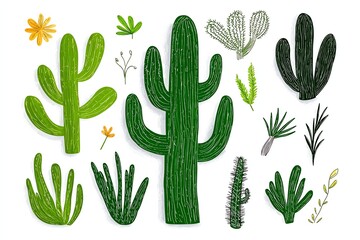 Assorted Cactus and Desert Plants Illustration Set on White Background