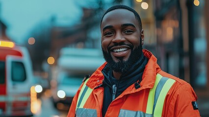 Obraz premium Smiling Worker in Bright Safety Jacket on Urban Street at Dusk
