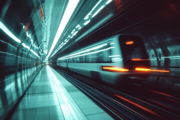 Fototapeta premium A high-speed train speeds through a well-lit tunnel, exemplifying rapid modern transportation.