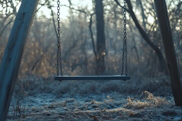 An empty swing hangs motionless in a frosty, leafless forest, capturing a chilling essence of solitude and forgotten memories.