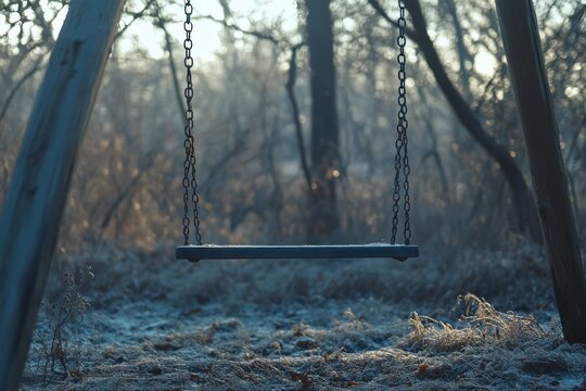 An empty swing hangs motionless in a frosty, leafless forest, capturing a chilling essence of solitude and forgotten memories.