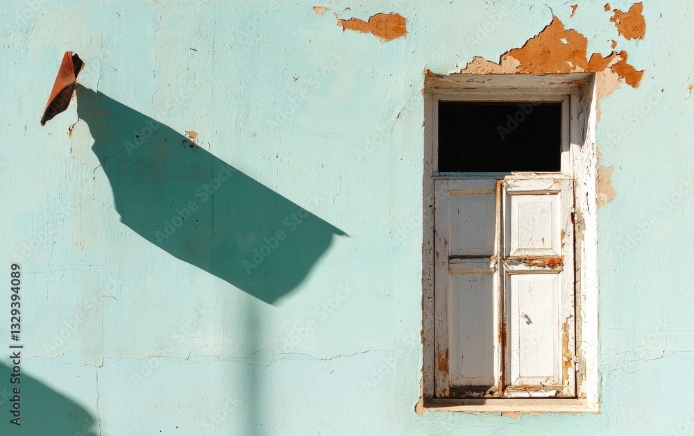 Poster old weathered rustic aged white window with broken glass and partially opened shutters in a light te