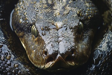 Obraz premium The snake's formidable gaze is captured in a striking close-up, emphasizing its shiny, textured scales.