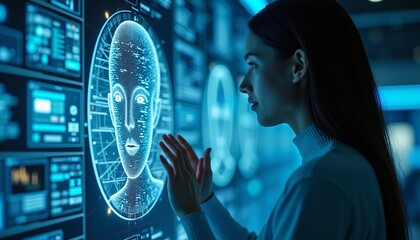 "A digital twin engineer refining a real world simulation through a holographic interface, faceless futuristic representation."