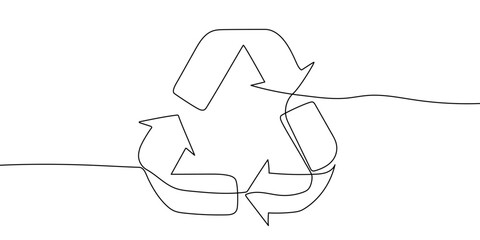 Continuous one line drawing recycling symbol. Recycling linear icon. Ecology concept. Vector illustration. Linear recycling arrows