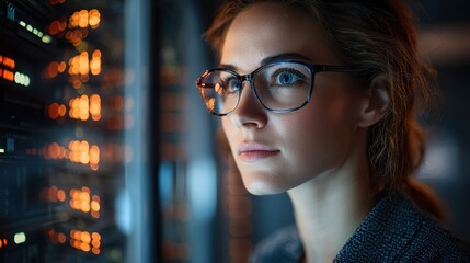 Focused Professional Woman Analyzing Data in Server Room