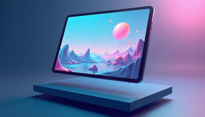 "Website design mockup on a floating tablet screen, with a clean and futuristic UI layout."