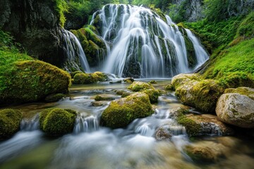 A beautiful and serene waterfall cascading into a flowing stream