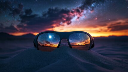 Midnight desert scene with safety glasses reflecting cosmic galaxies in a celestial wonder