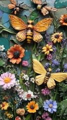Naklejka premium Colorful mosaic of butterflies and flowers in vibrant garden scene