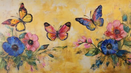 Colorful butterflies and flowers on yellow background