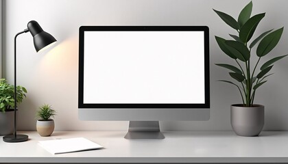"Modern workspace mockup with a stylish desktop monitor, keyboard, and blank document."